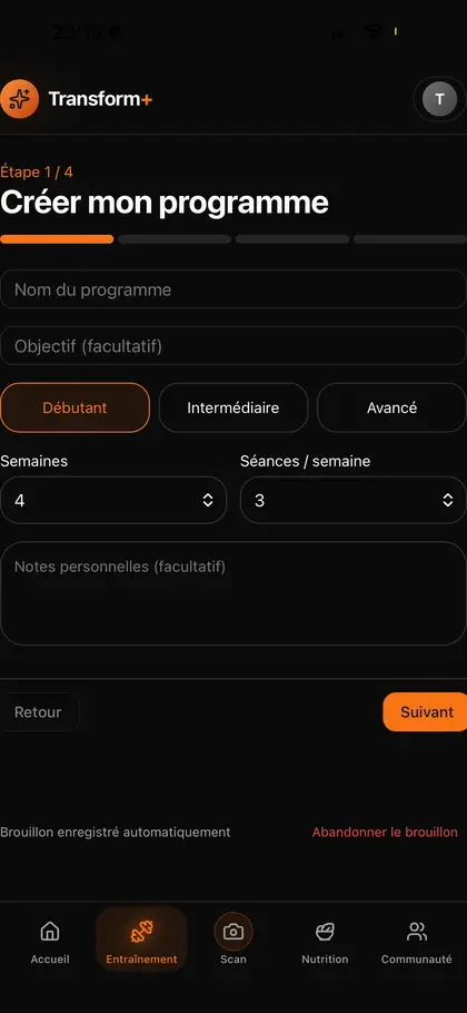 Écran Créer mon programme de l'app