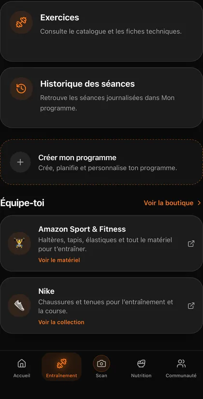 Écran Entraînement de l'app
